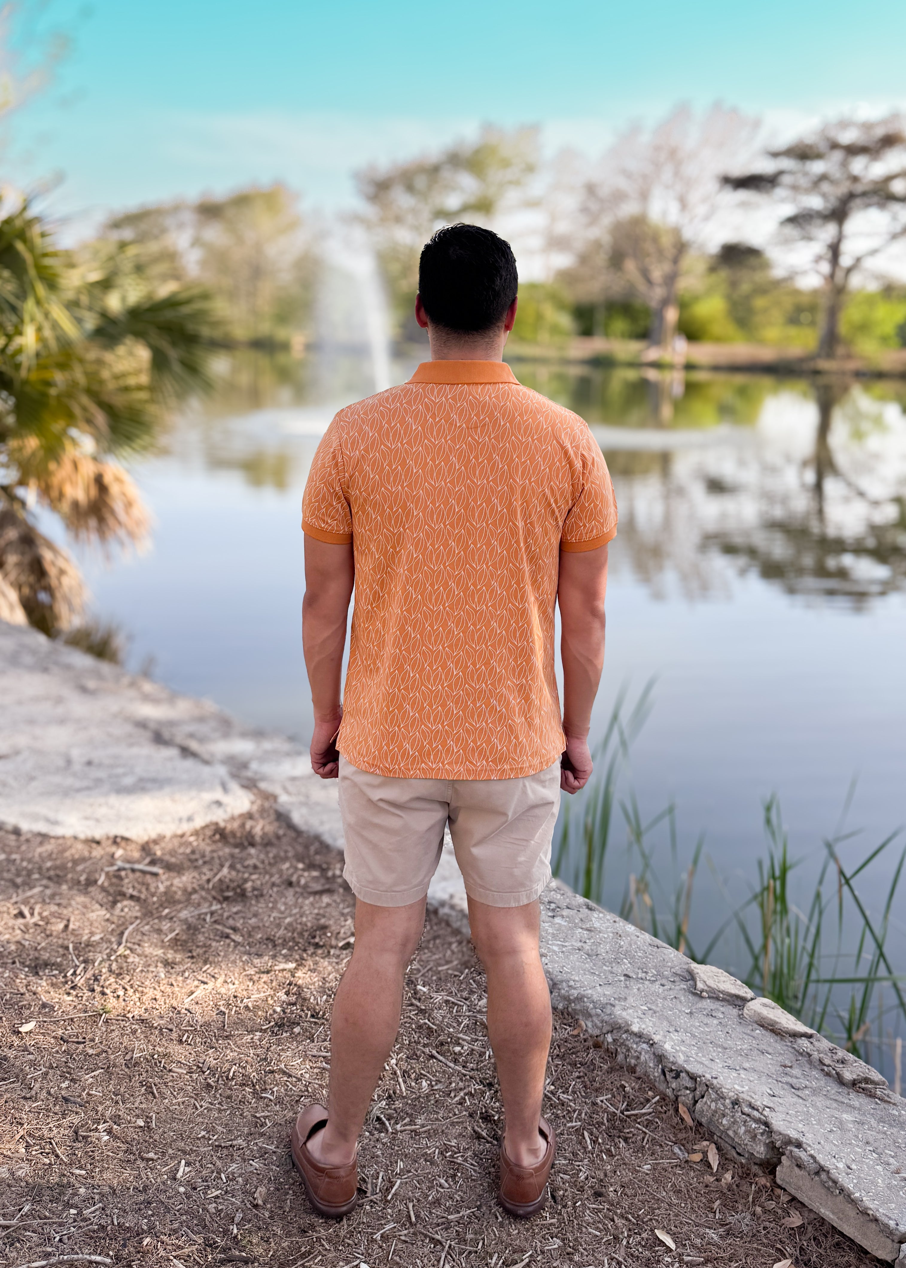 Short Sleeve Cotton Printed Jersey Polo: Desert Flame
