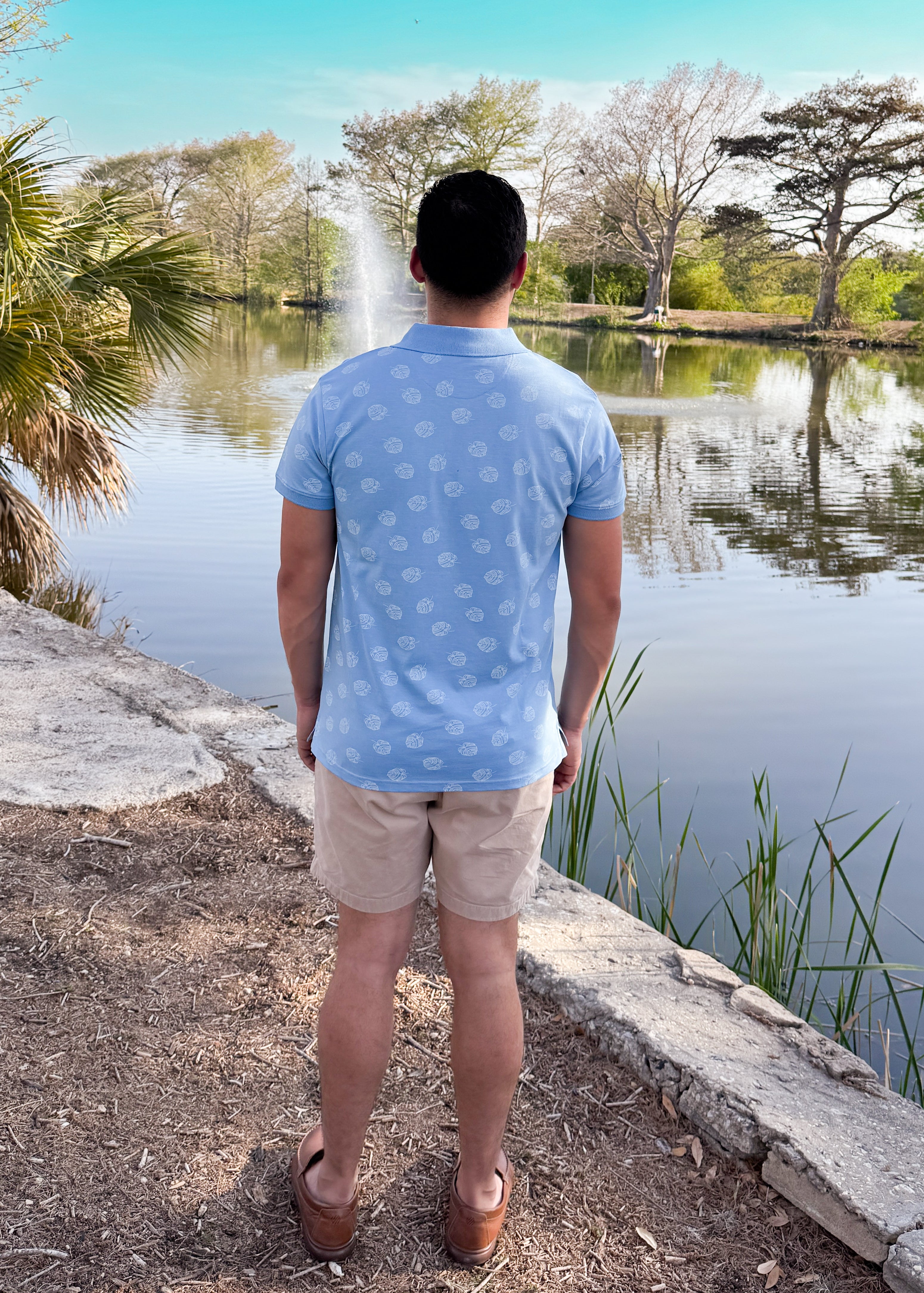 Short Sleeve Cotton Printed Jersey Polo: Sky