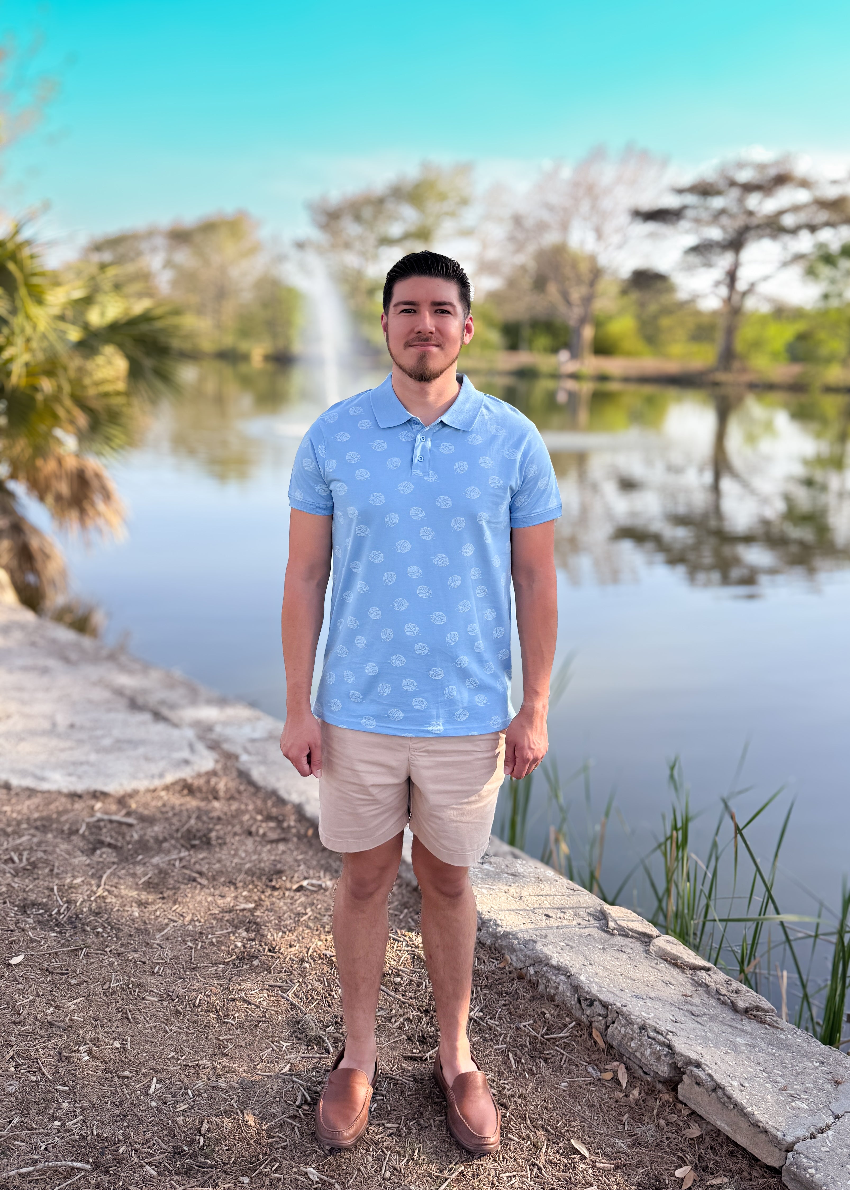 Short Sleeve Cotton Printed Jersey Polo: Sky