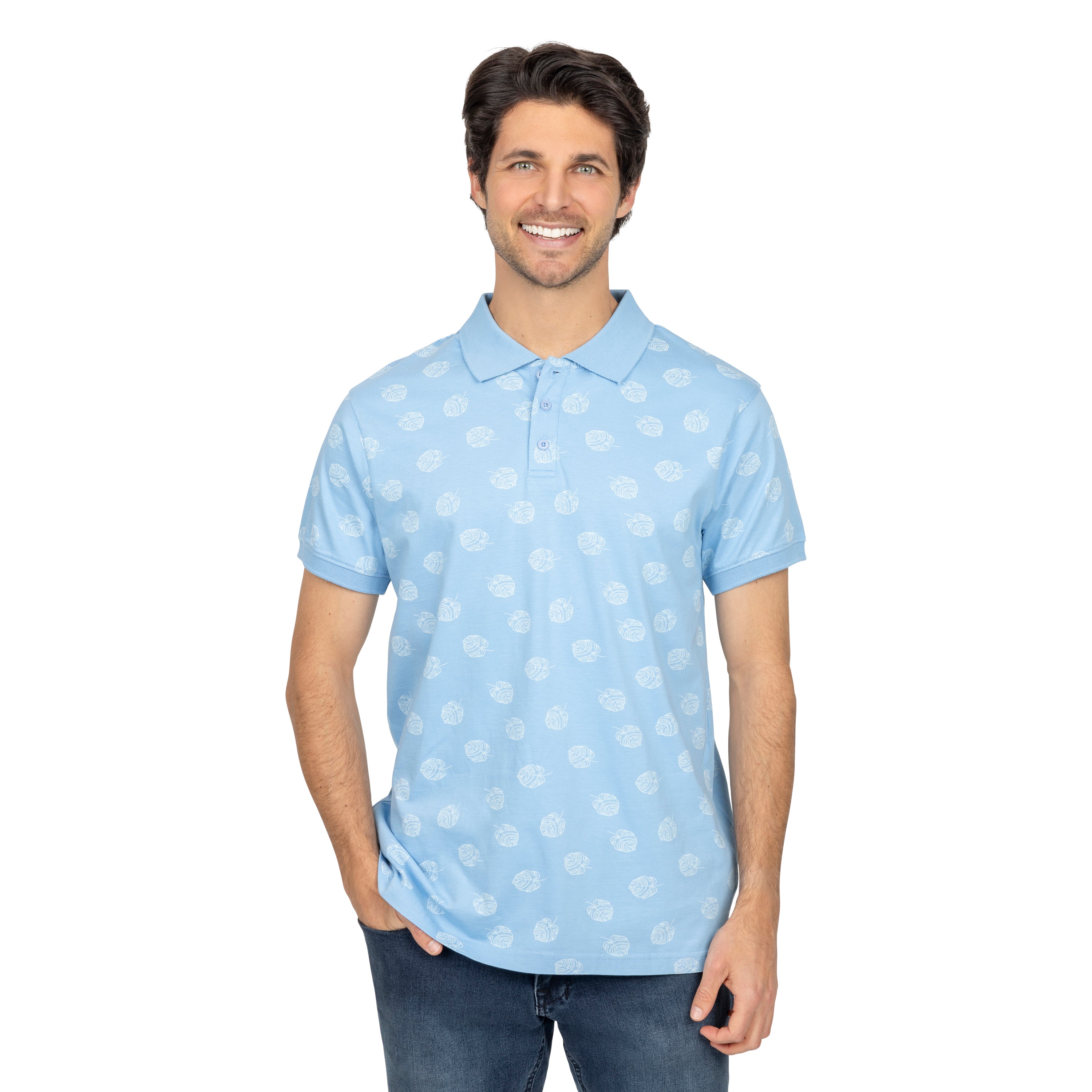 Short Sleeve Cotton Printed Jersey Polo: Sky
