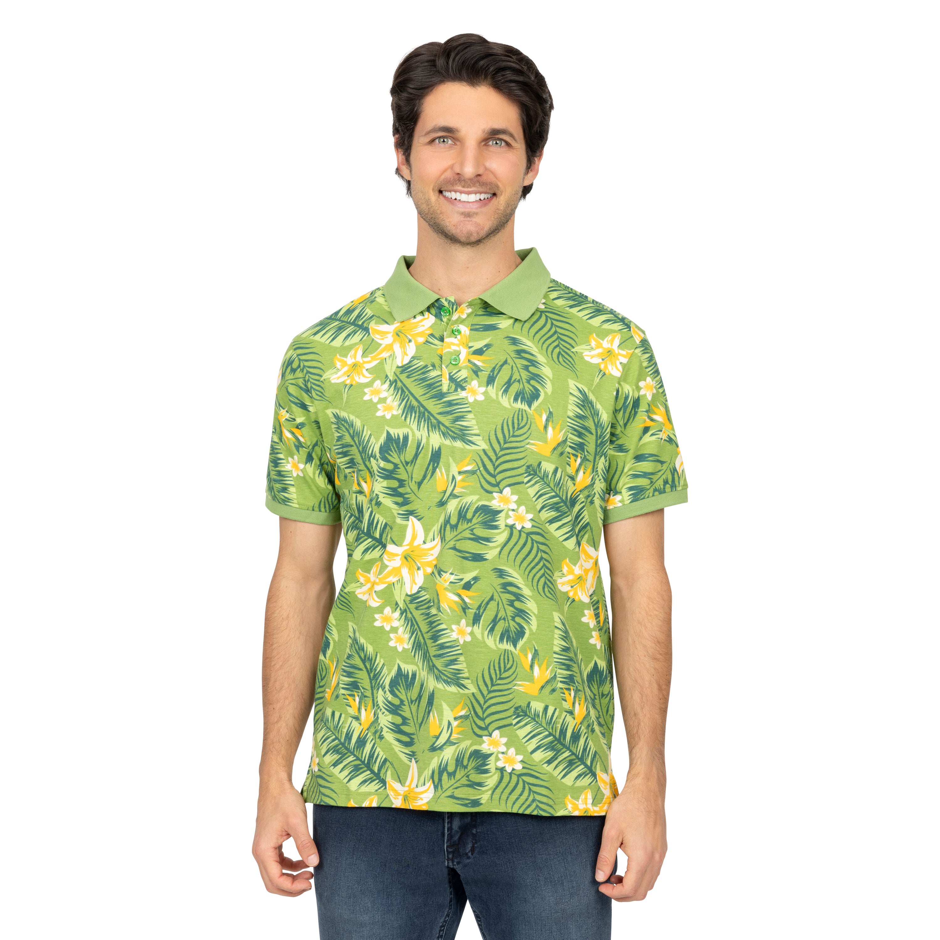 Short Sleeve Cotton Printed Jersey Polo: Plumeria