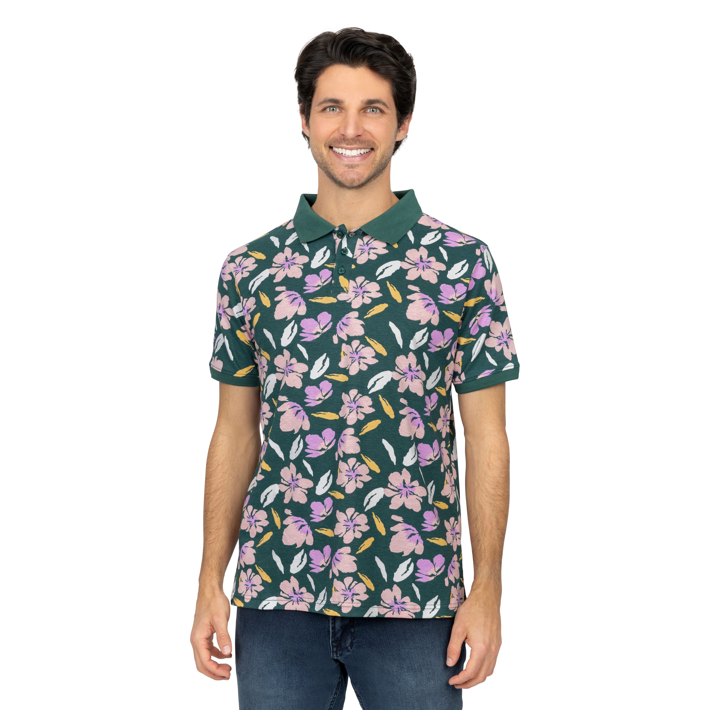 Short Sleeve Cotton Printed Jersey Polo: Island Rose