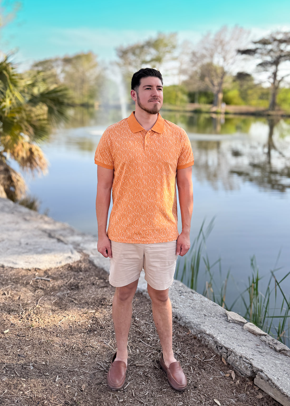 Short Sleeve Cotton Printed Jersey Polo: Desert Flame