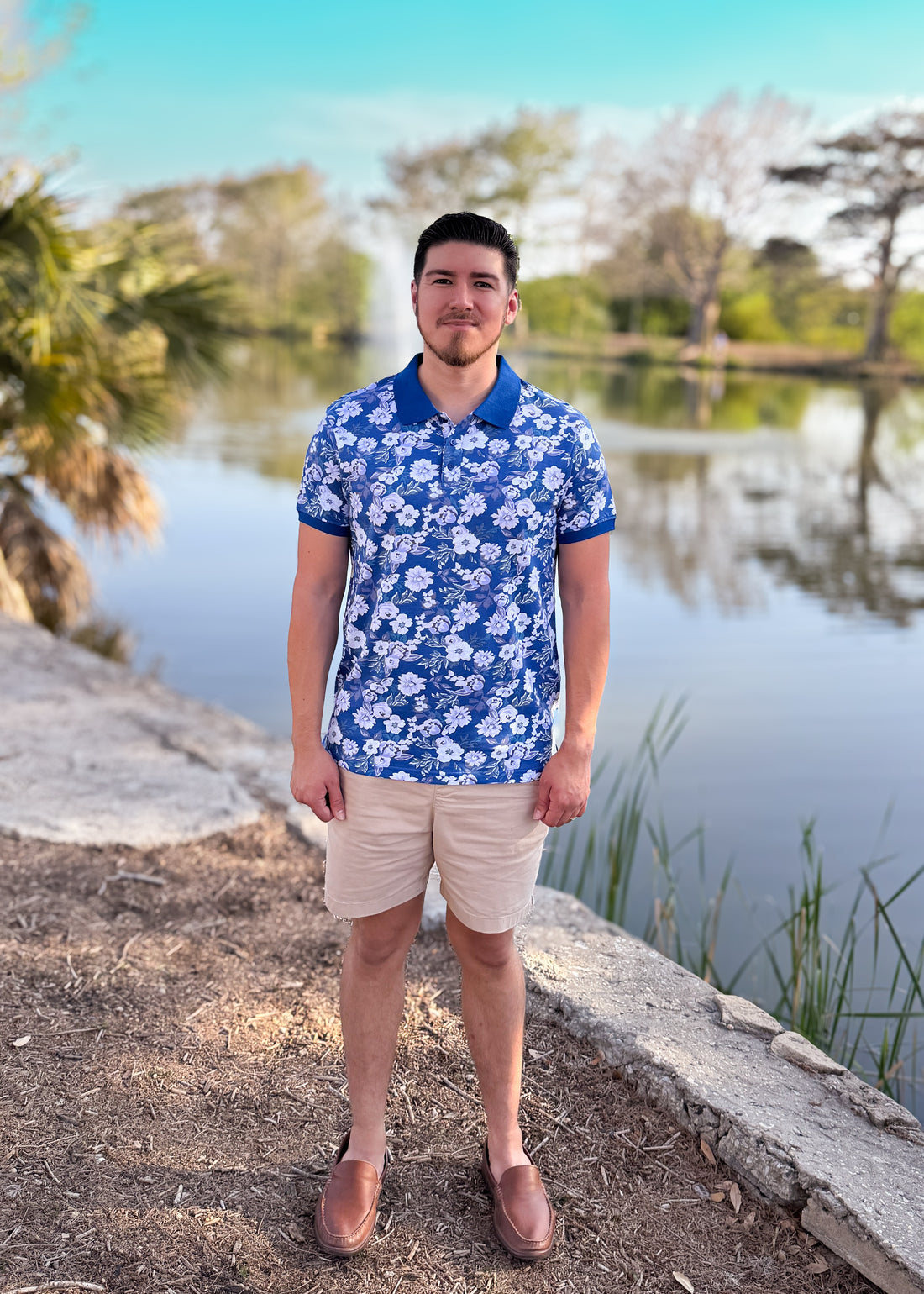 Short Sleeve Cotton Printed Jersey Polo: Gardenia