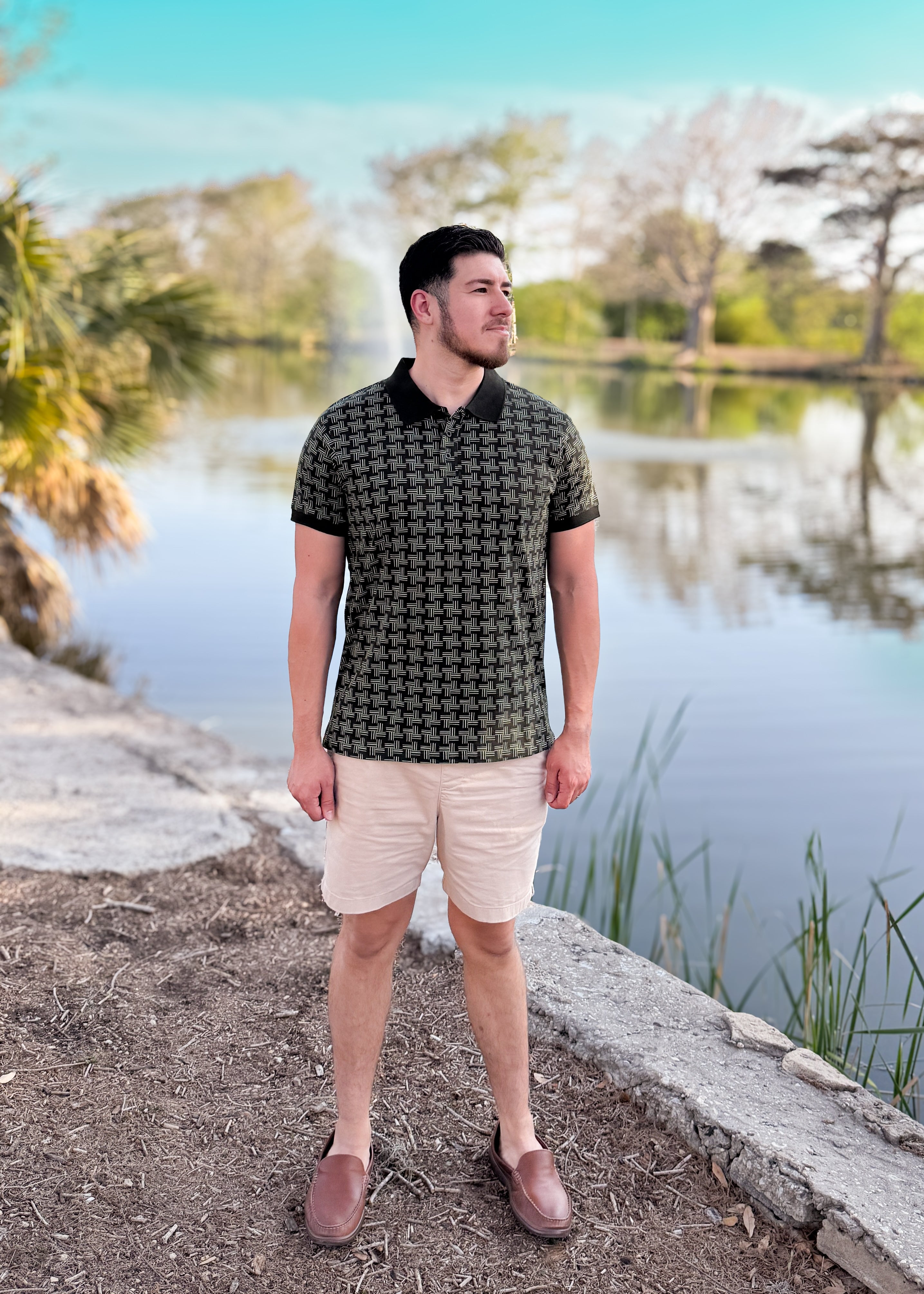 Short Sleeve Cotton Printed Jersey Polo: GreenGeo