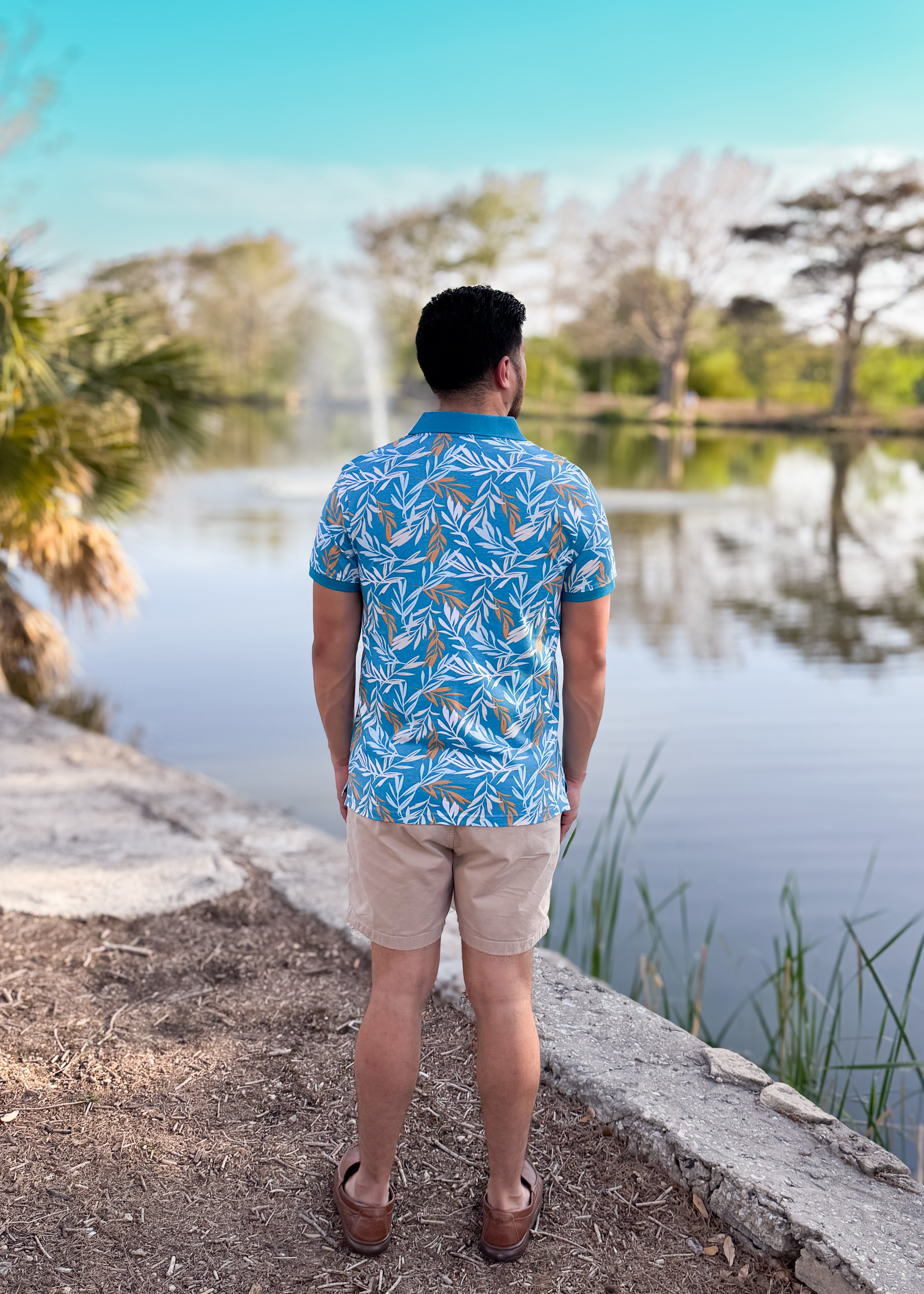 Short Sleeve Cotton Printed Jersey Polo: Island Flora