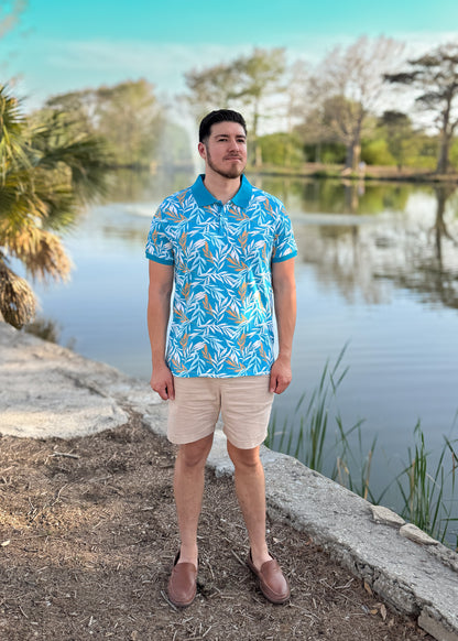 Short Sleeve Cotton Printed Jersey Polo: Island Flora