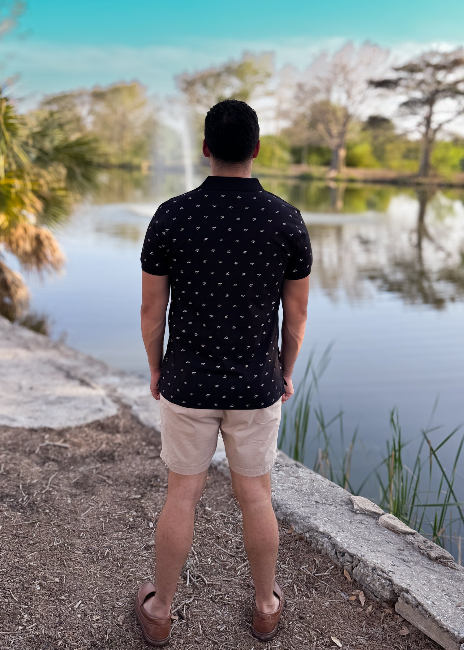 Short Sleeve Cotton Printed Jersey Polo: Midnight