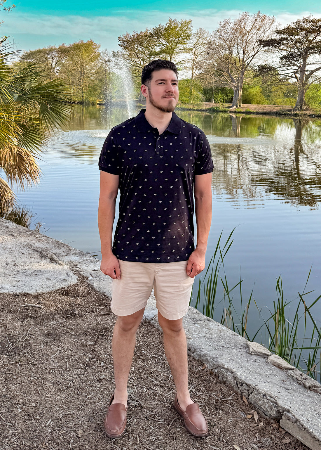 Short Sleeve Cotton Printed Jersey Polo: Midnight