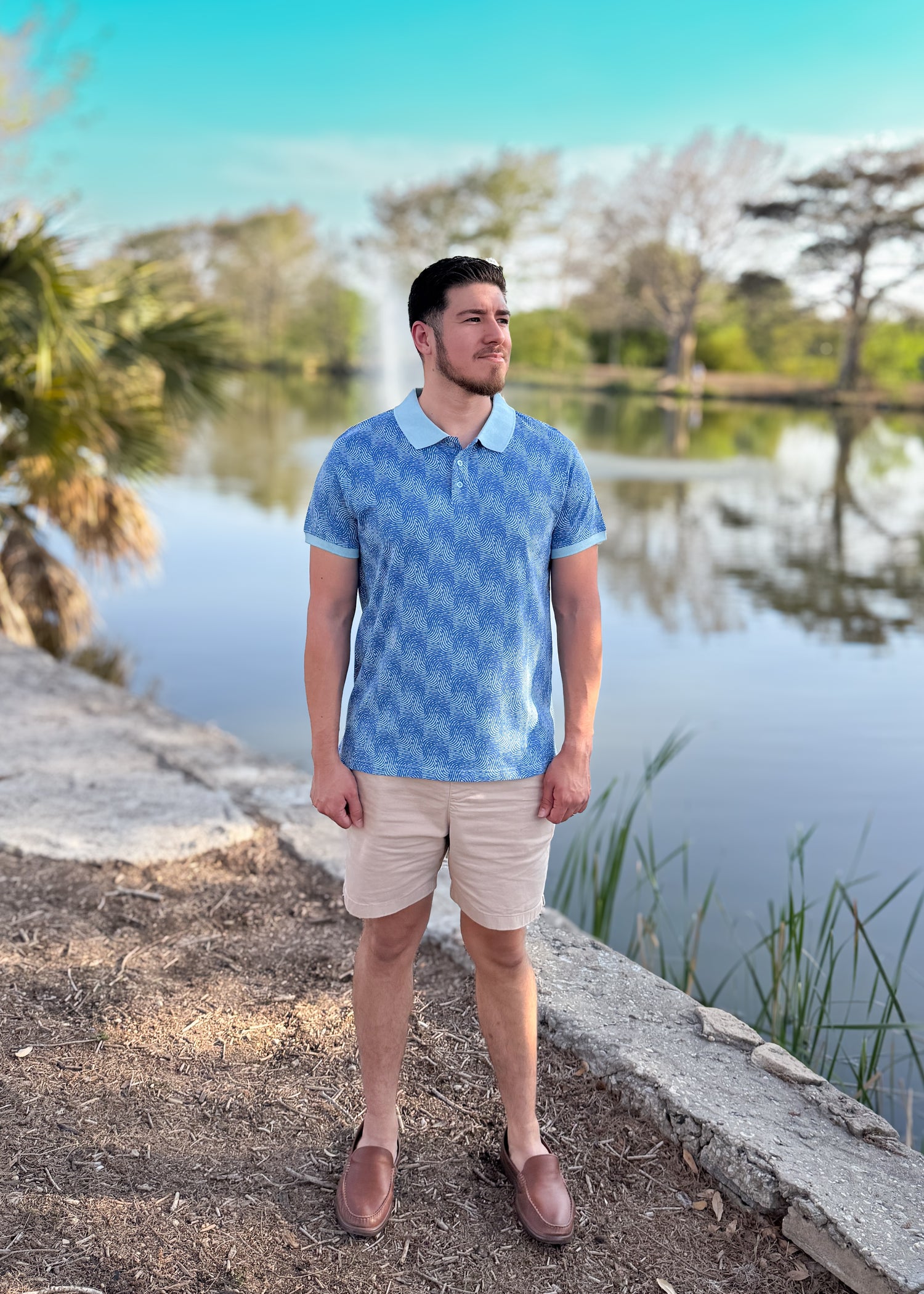 Short Sleeve Cotton Printed Jersey Polo: Pacific Waves
