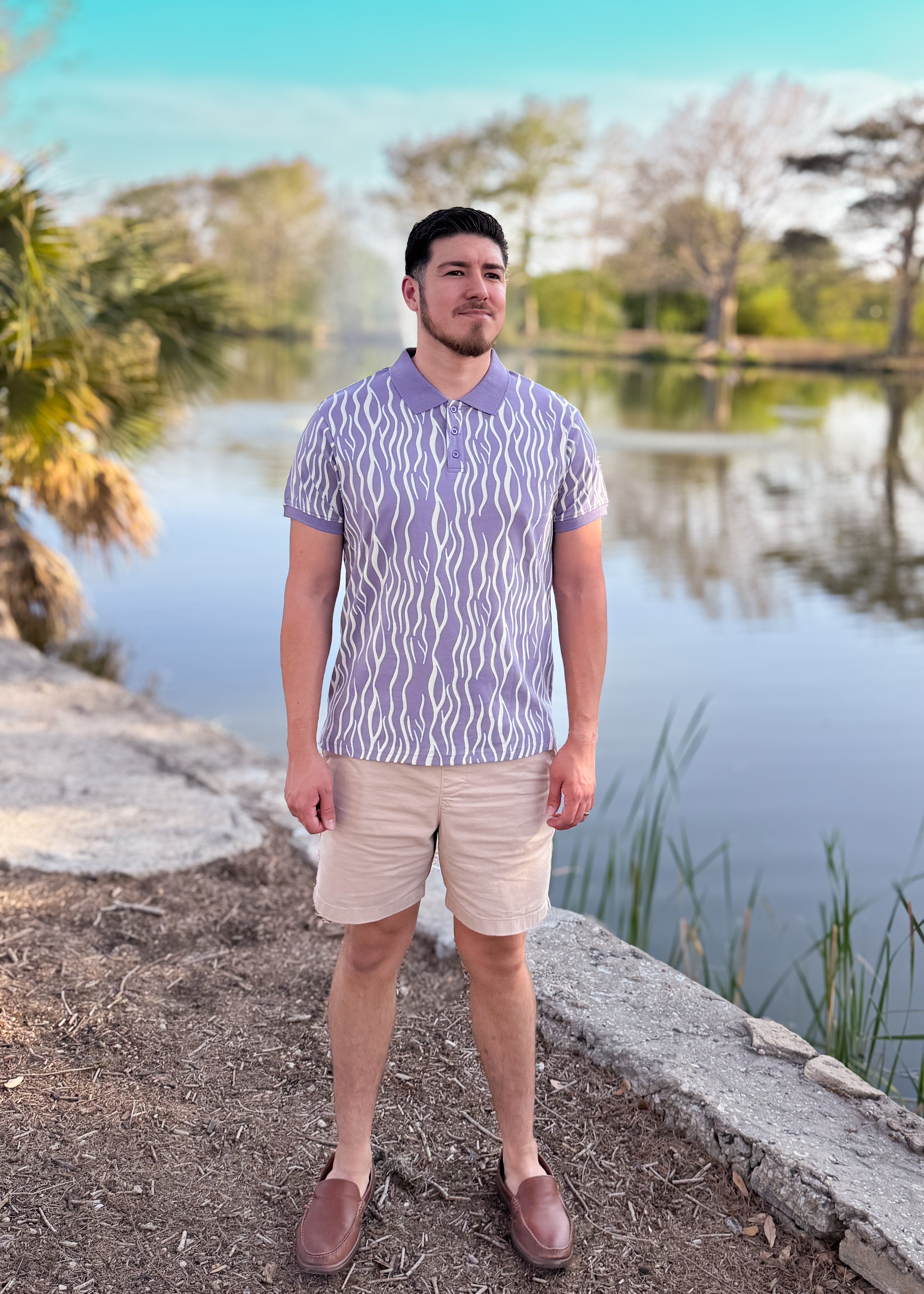 Short Sleeve Cotton Printed Jersey Polo: Seaweed