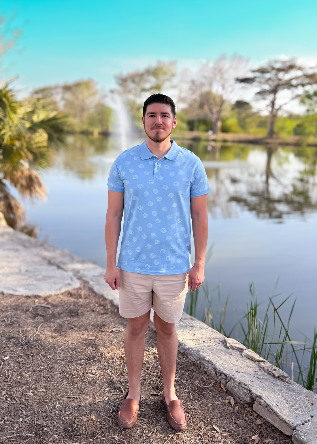 Short Sleeve Cotton Printed Jersey Polo: Sky