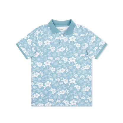 Short Sleeve Cotton Printed Jersey Polo: Hibiscus