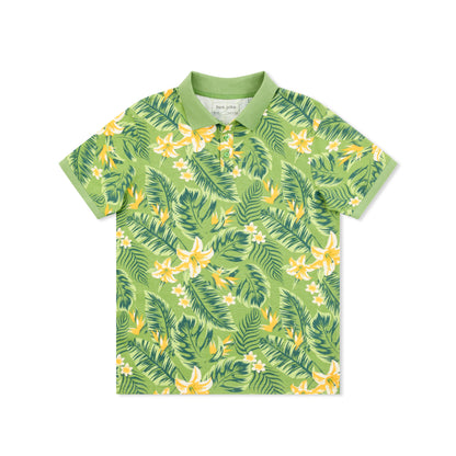 Short Sleeve Cotton Printed Jersey Polo: Plumeria