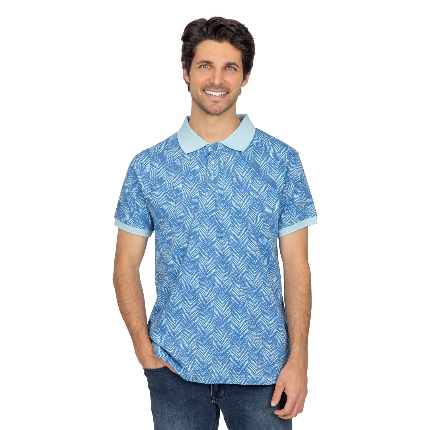 Short Sleeve Cotton Printed Jersey Polo: Pacific Waves