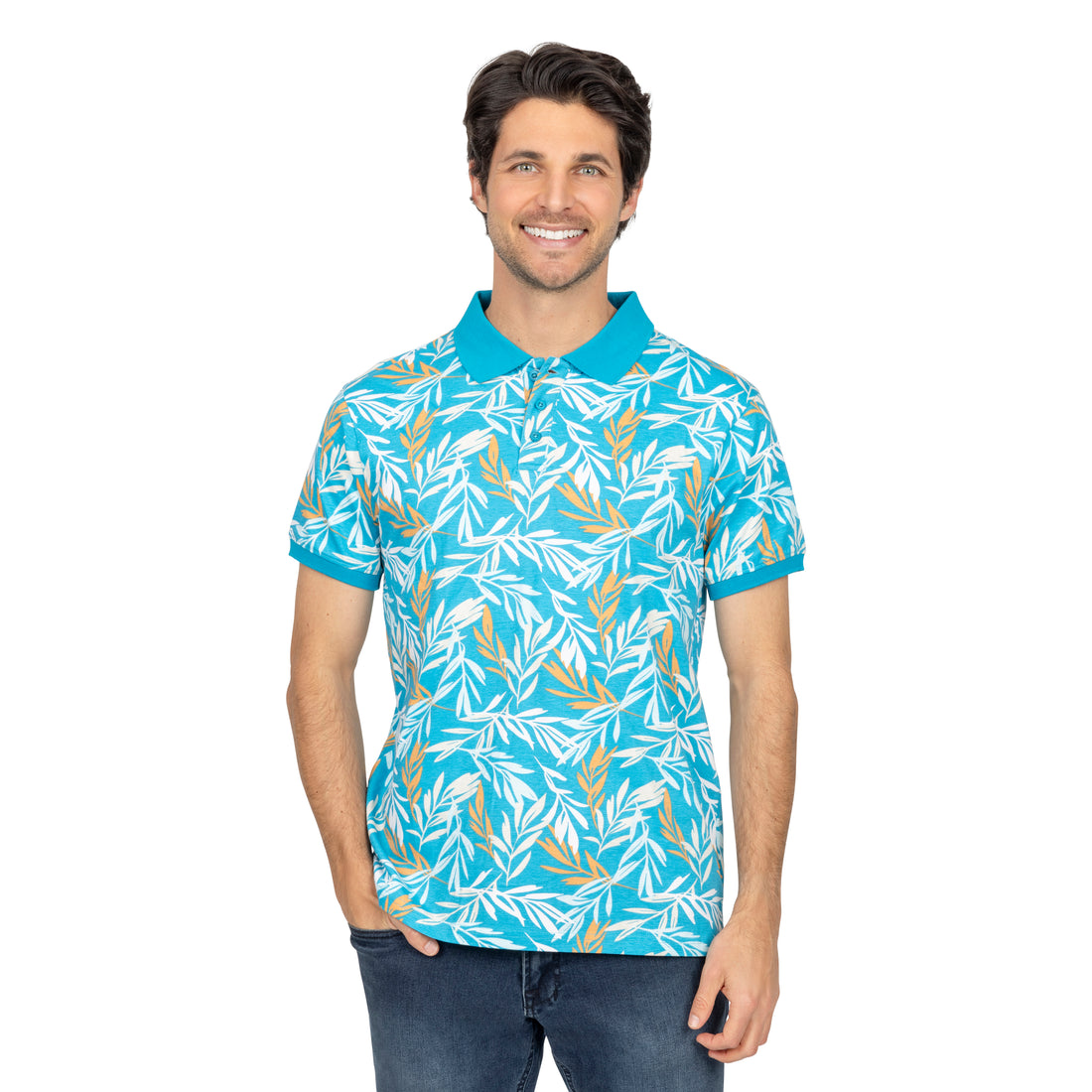 Short Sleeve Cotton Printed Jersey Polo: Island Flora