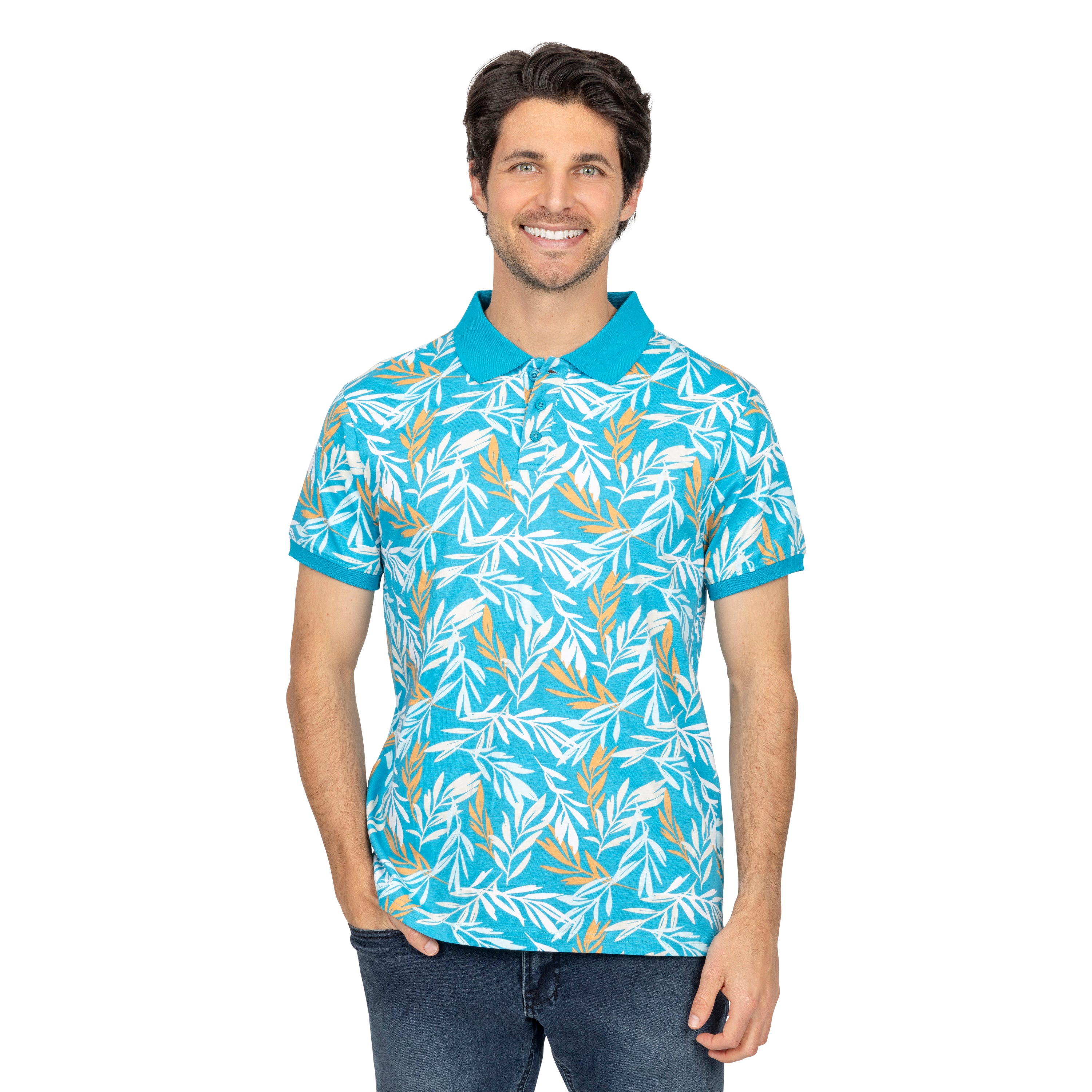 Short Sleeve Cotton Printed Jersey Polo: Island Flora