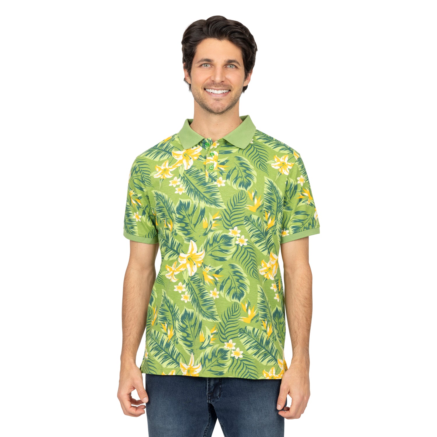 Short Sleeve Cotton Printed Jersey Polo: Plumeria