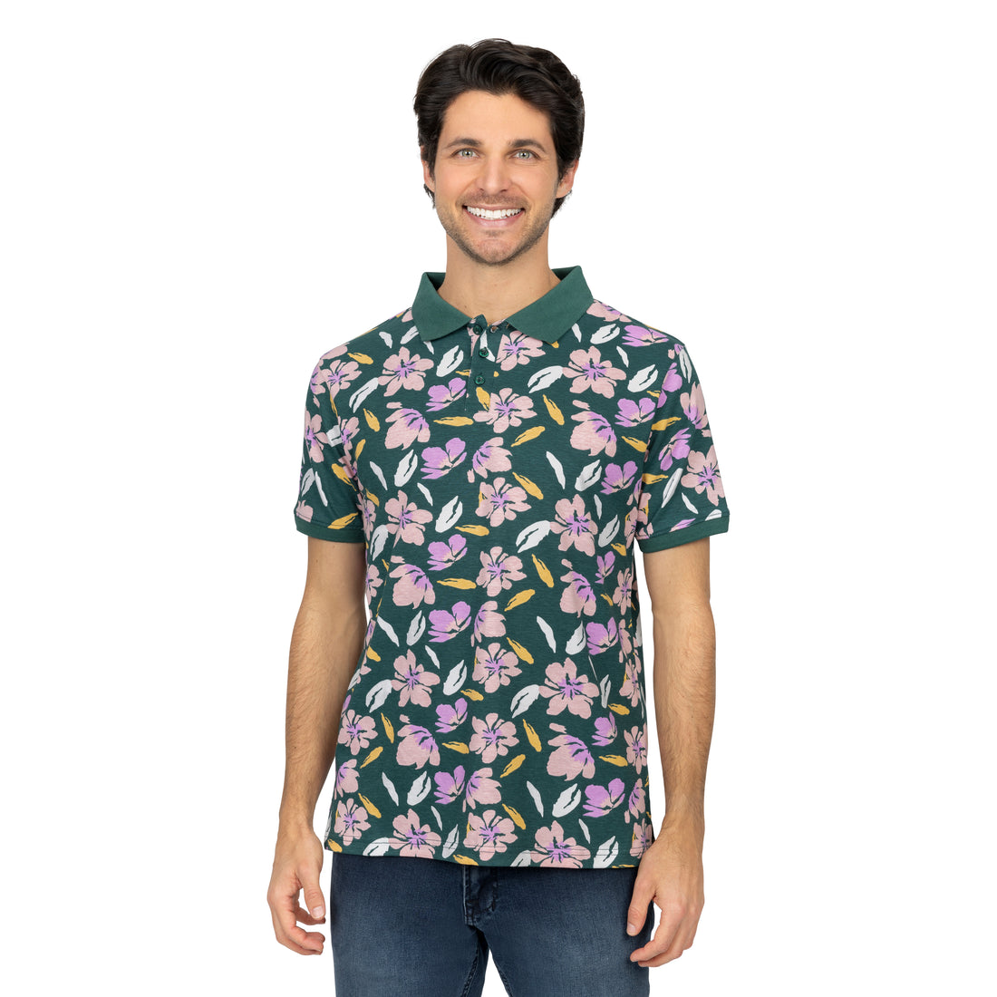 Short Sleeve Cotton Printed Jersey Polo: Island Rose