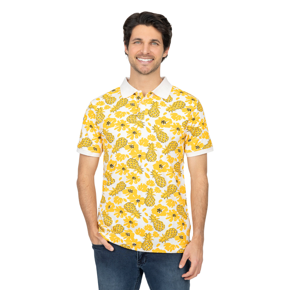 Short Sleeve Cotton Printed Jersey Polo: Ananas